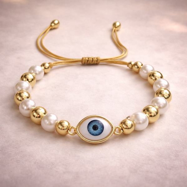 Bulk White Evil Eye Oval Charm Gold Beads Stainless Steel Bracelet Main image