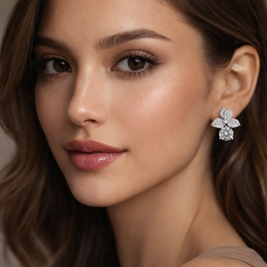 Luxury Petal Design Silver CZ Anti Tarnish Copper Stud Earrings Bulk Main image