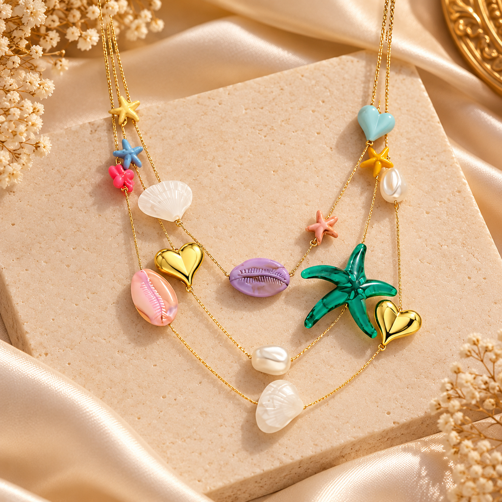 Seashell & Starfish Multi Layer Charm Gold Enamel Pearl Necklace Bulk
