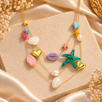 Seashell & Starfish Multi Layer Charm Gold Enamel Pearl Necklace Bulk