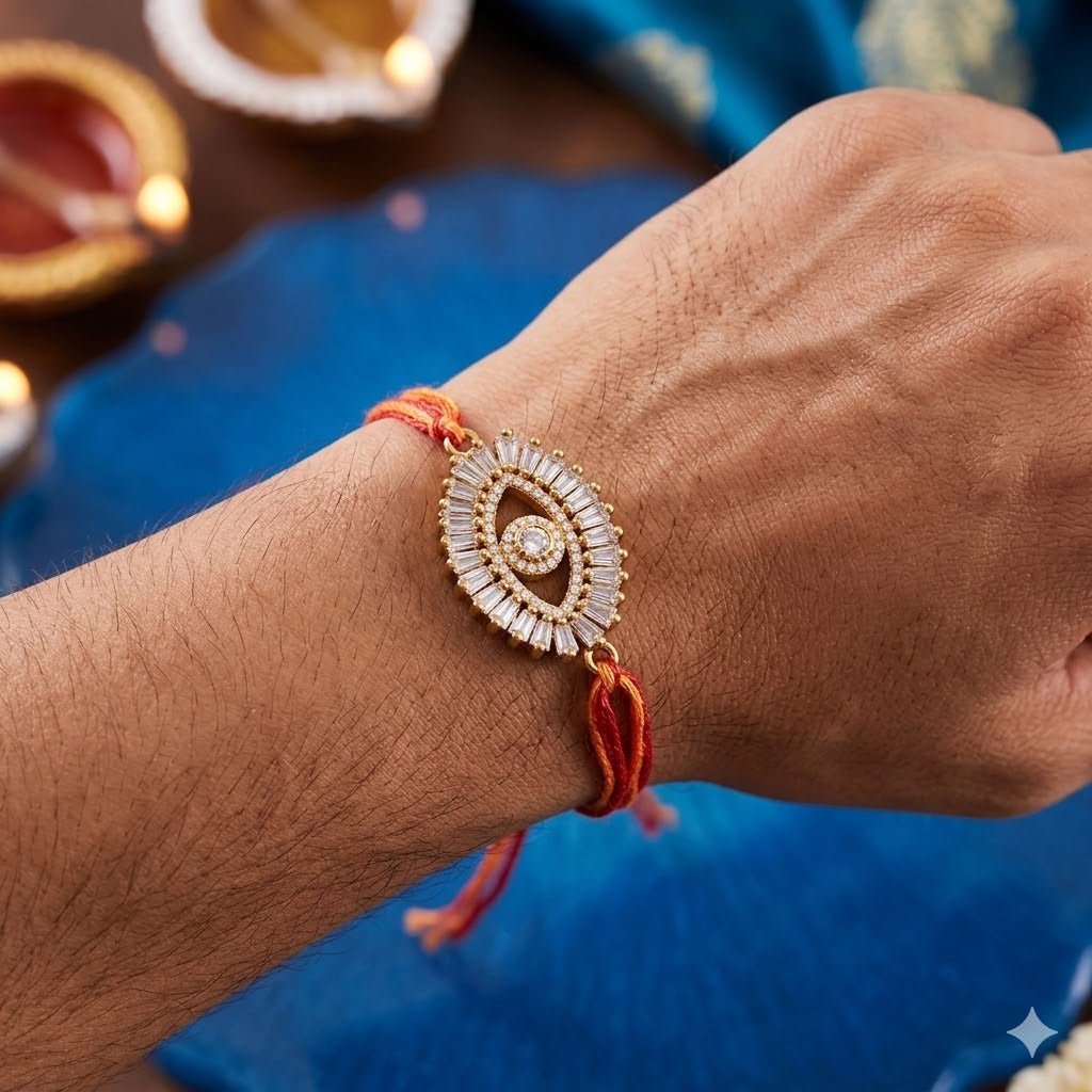 Premium Evil Eye Gold Plated CZ Red Orange Thread Rakhi For Men Bulk Main image