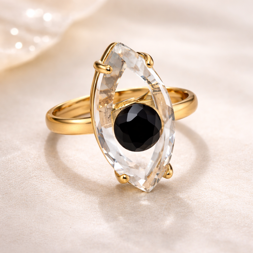 White Marquise Evil Eye Gold Crystal Copper Adjustable Fancy Ring Bulk
