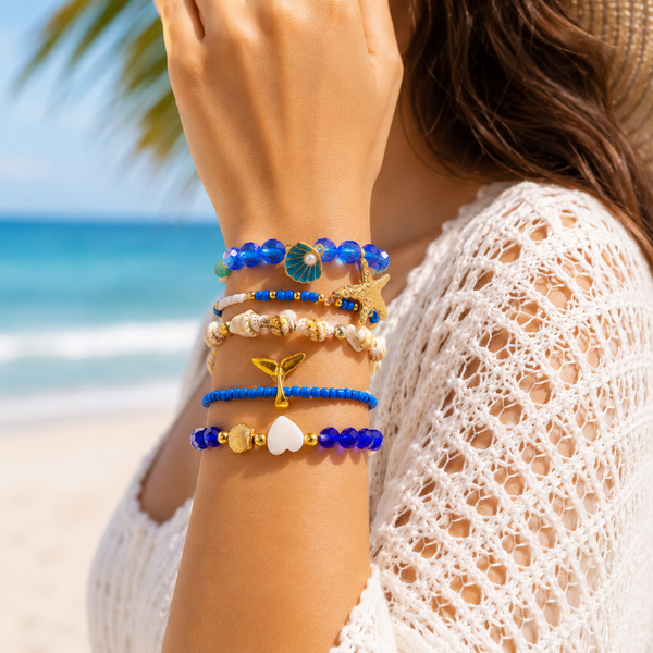Designer Marine Theme Blue Crystal Gold Plated Pearl Beads Bracelet Bulk Main image