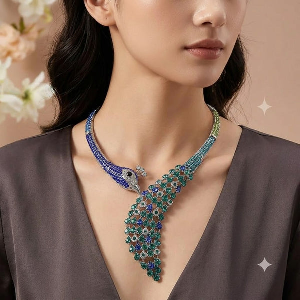 Peacock Style Silver Plated Blue Green & White Rhinestone Necklace Bulk Main image