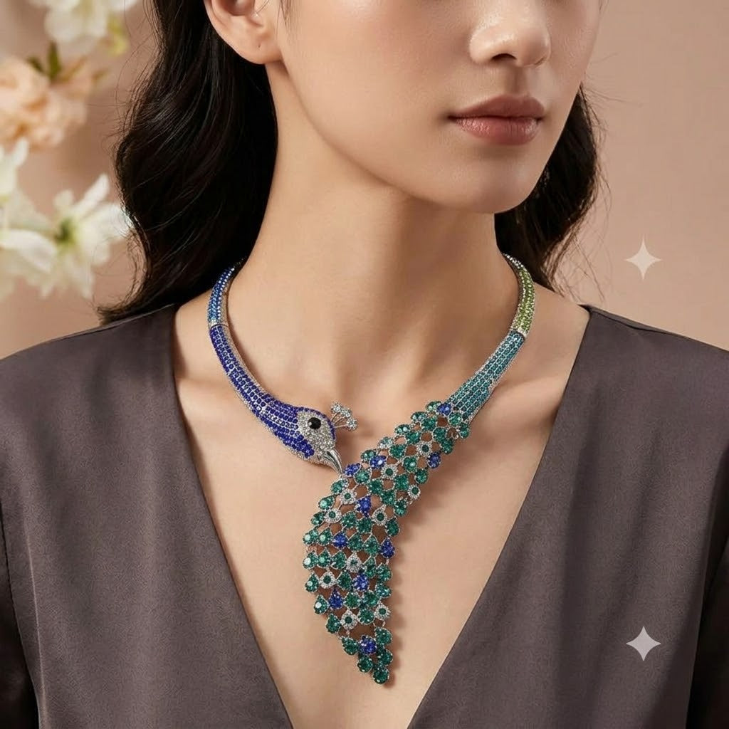 Peacock Style Silver Plated Blue Green & White Rhinestone Necklace Bulk