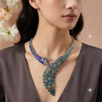 Peacock Style Silver Plated Blue Green & White Rhinestone Necklace Bulk