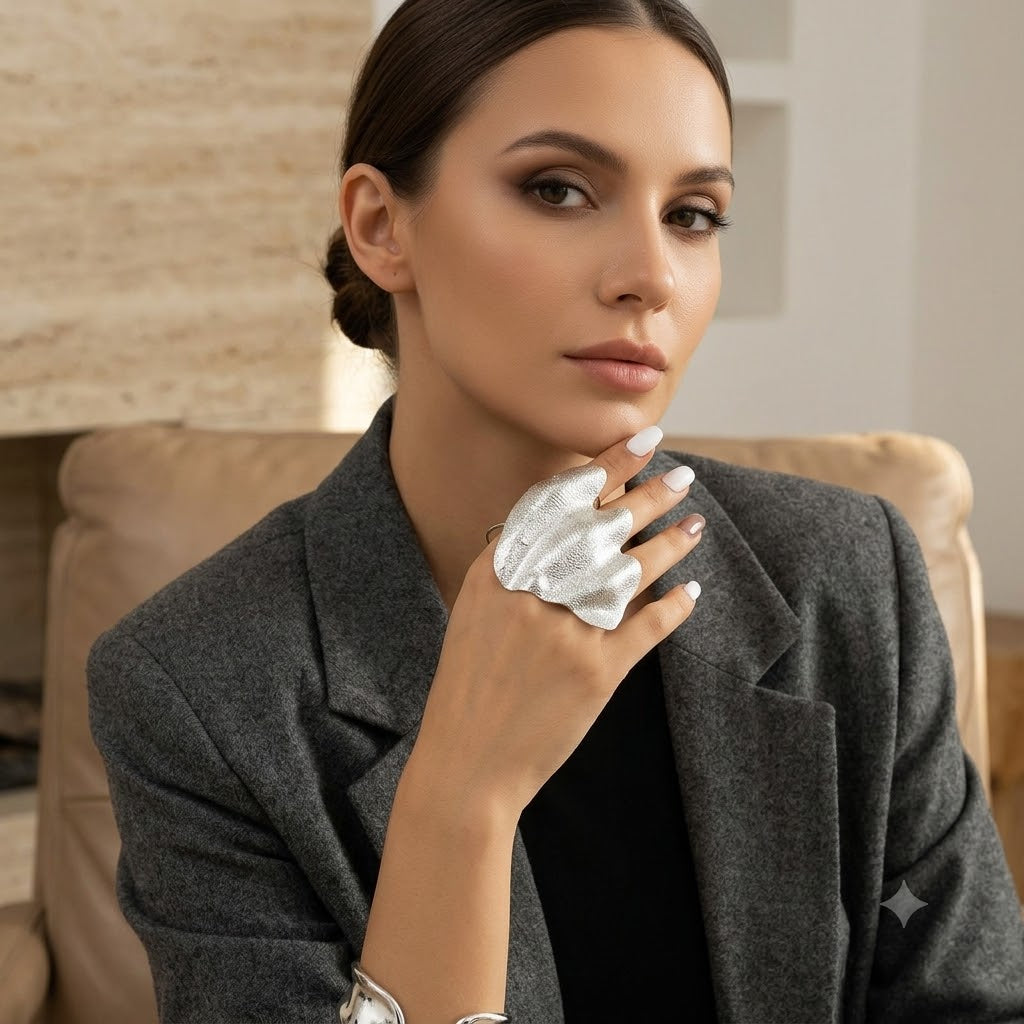 Designer Textured Silver Plated Statement Open Cuff Ring For Women Bulk