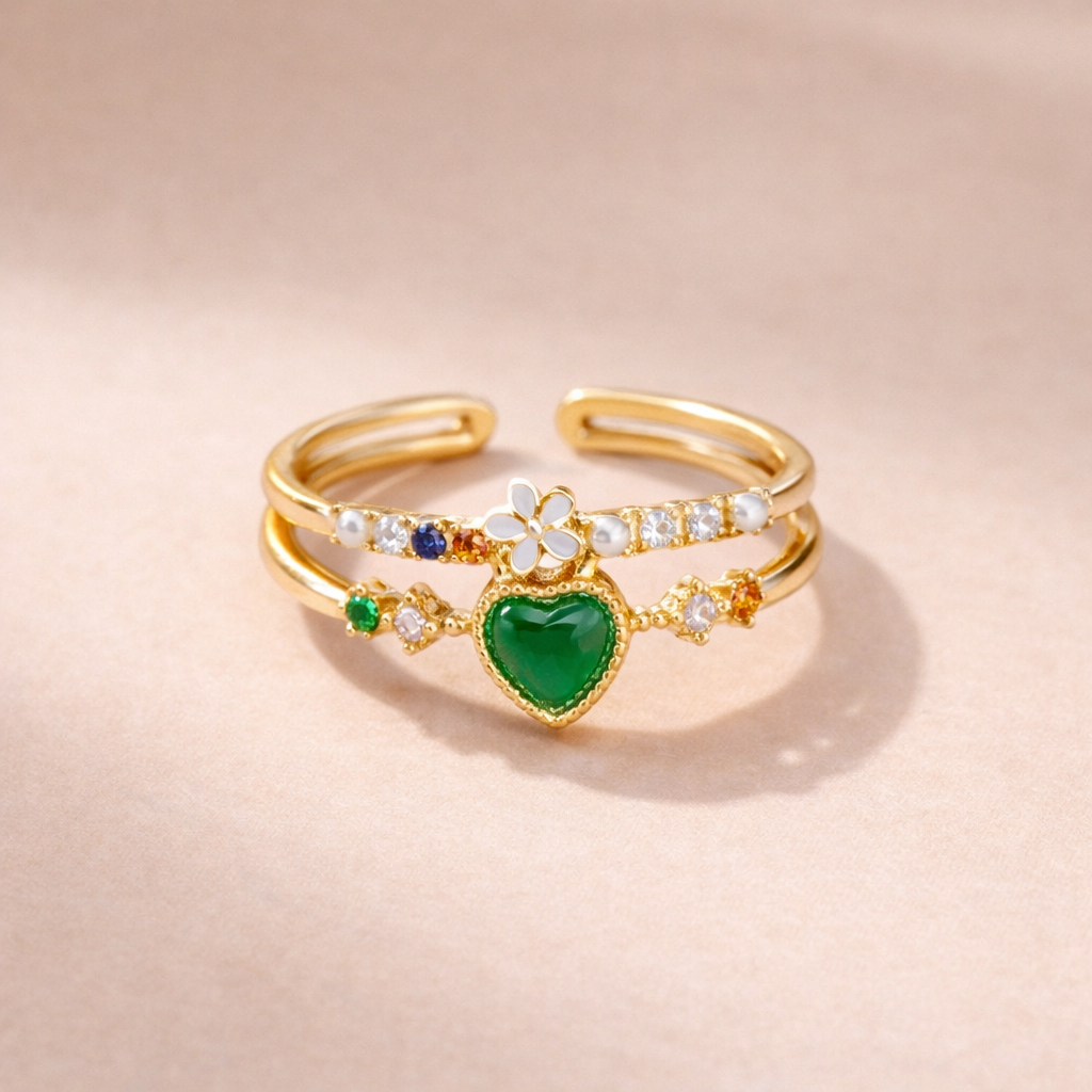 Bulk Green Pink White Heart Flower Gold CZ Adjustable Fancy Ring