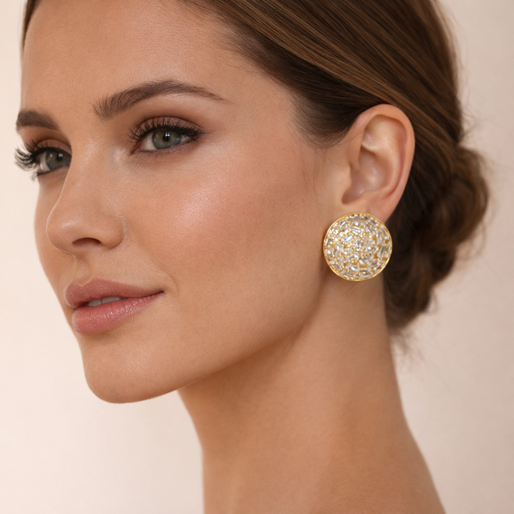 Bulk Round Baguette Stone Gold CZ Anti Tarnish Copper Stud Earrings