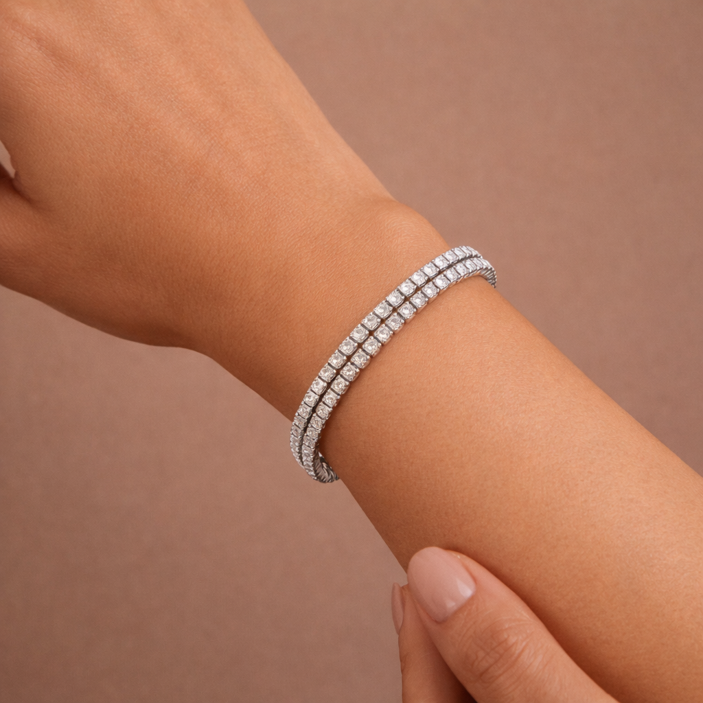 Bulk Luxury Double Line Round Cut Gold Silver Plated CZ Copper Bracelet Main image