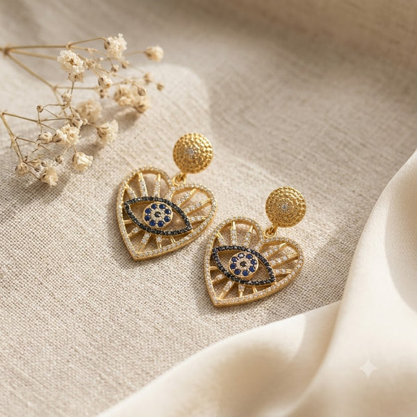 Luxury Heart Shaped Evil Eye Gold Plated CZ Drop Earrings For Women Bulk Secondary image
