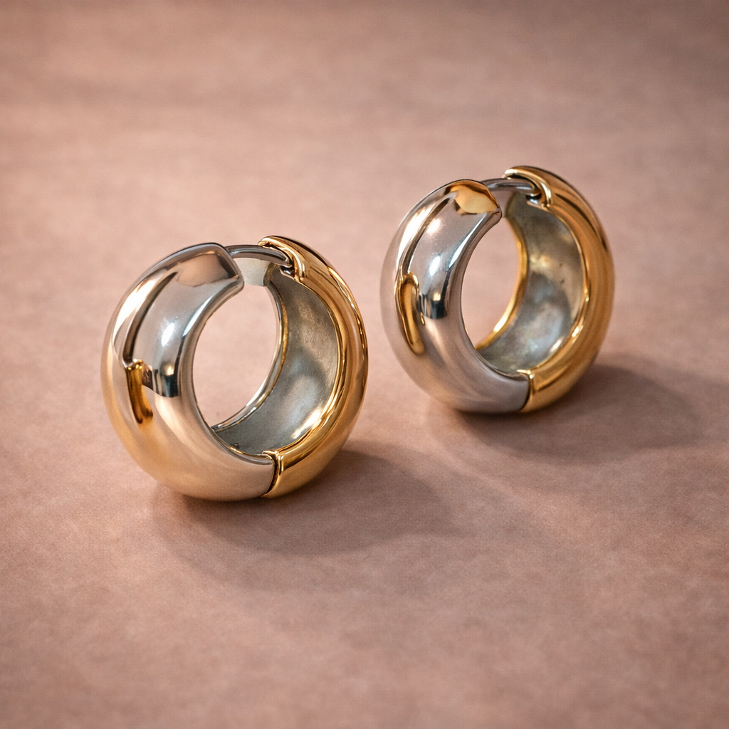 Bulk Two-Tone Chunky Gold Silver Plain Stainless Steel Hoop Earrings