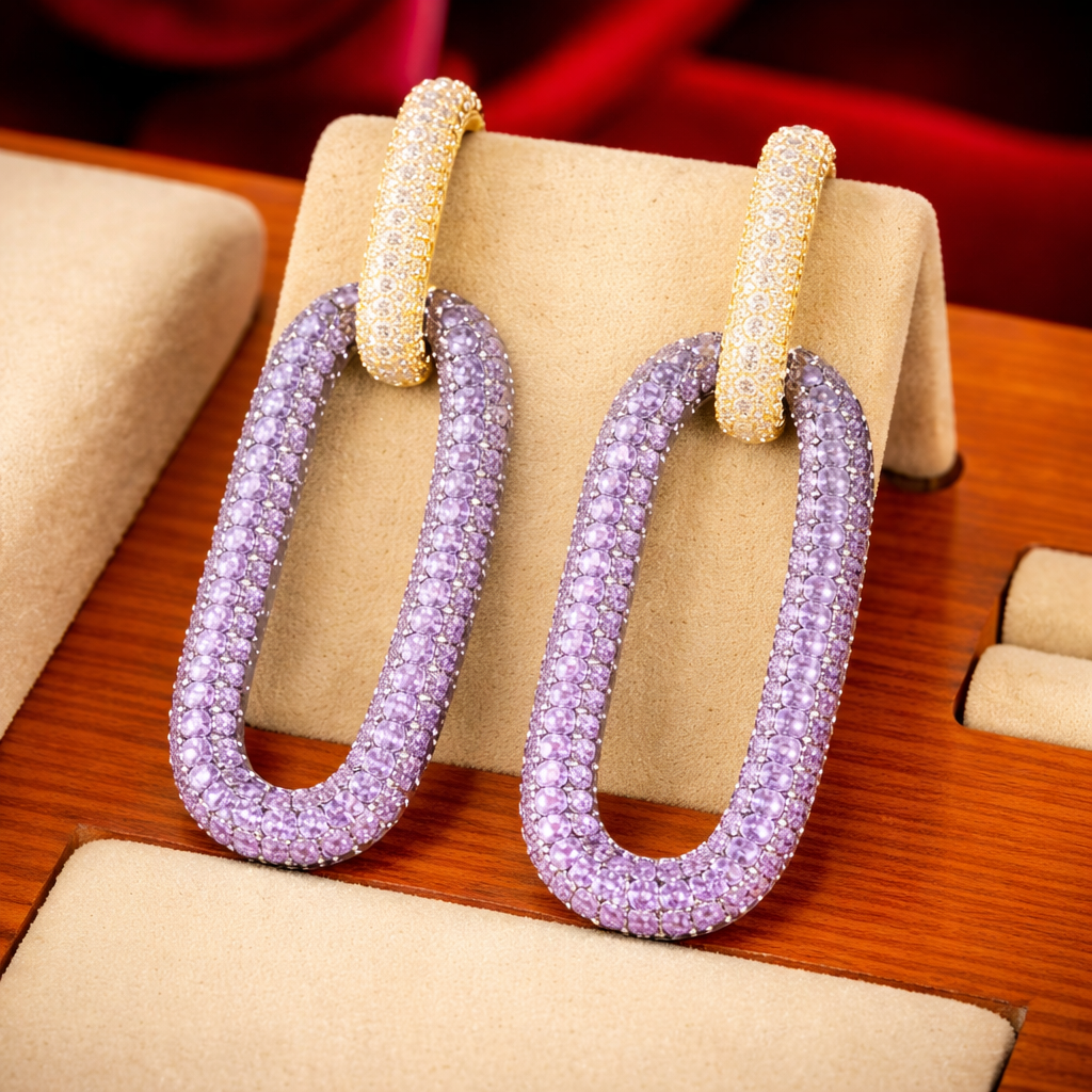 Purple Pink Rectangle Shape Gold Plated Cubic Zirconia Dangler Earrings Main image