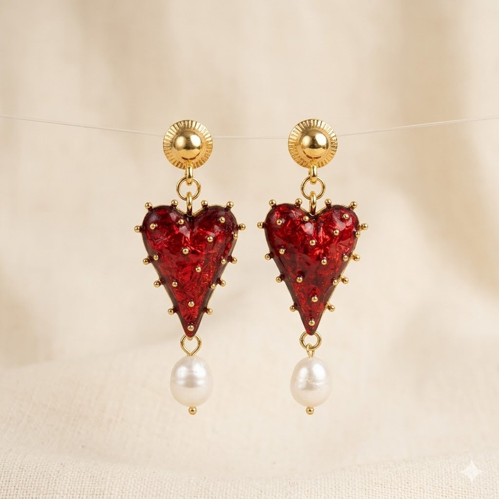 Trendy Red Heart Gold Resin Pearl Dangler Earrings For Women Wholesale Secondary image