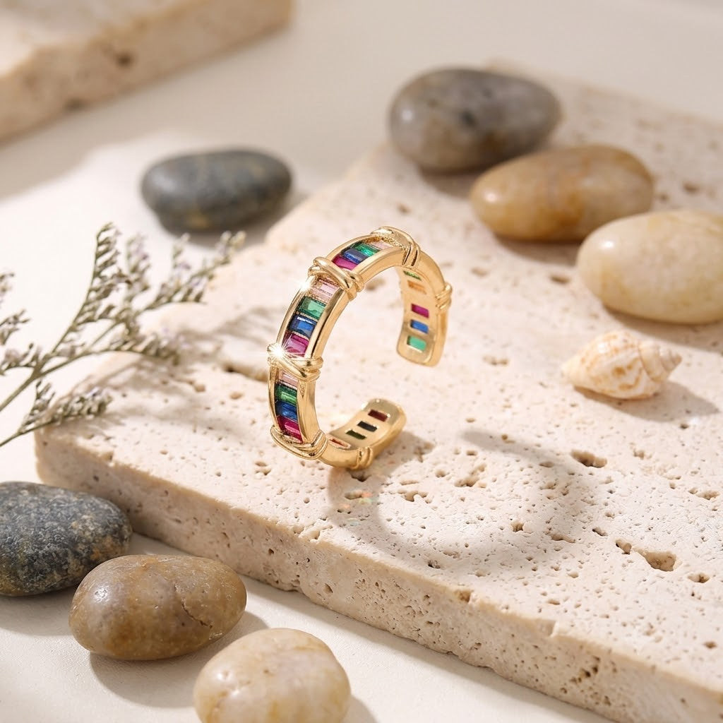 Luxury Gold Plated Multi Color Baguette Open CZ Copper Fancy Ring Bulk