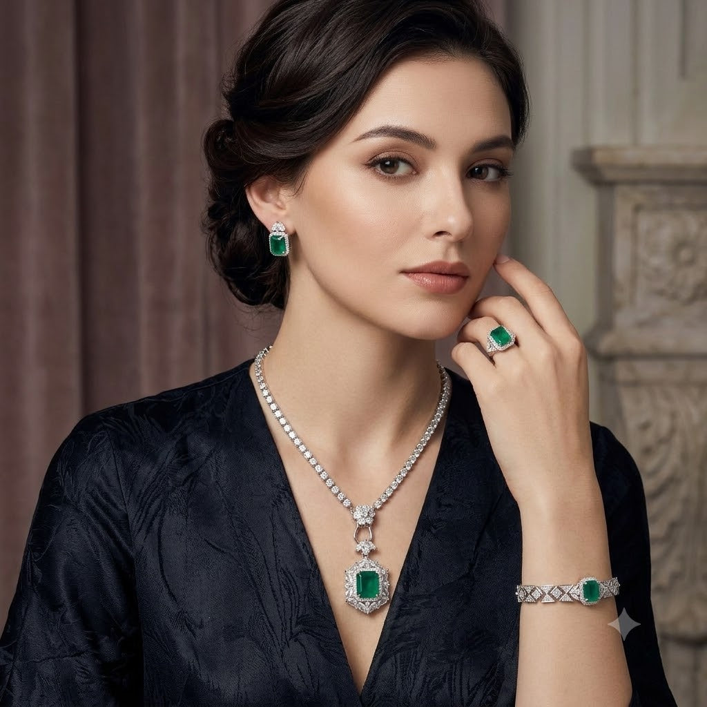 Luxury Emerald Green CZ Silver Plated Copper Necklace Combo Set Bulk