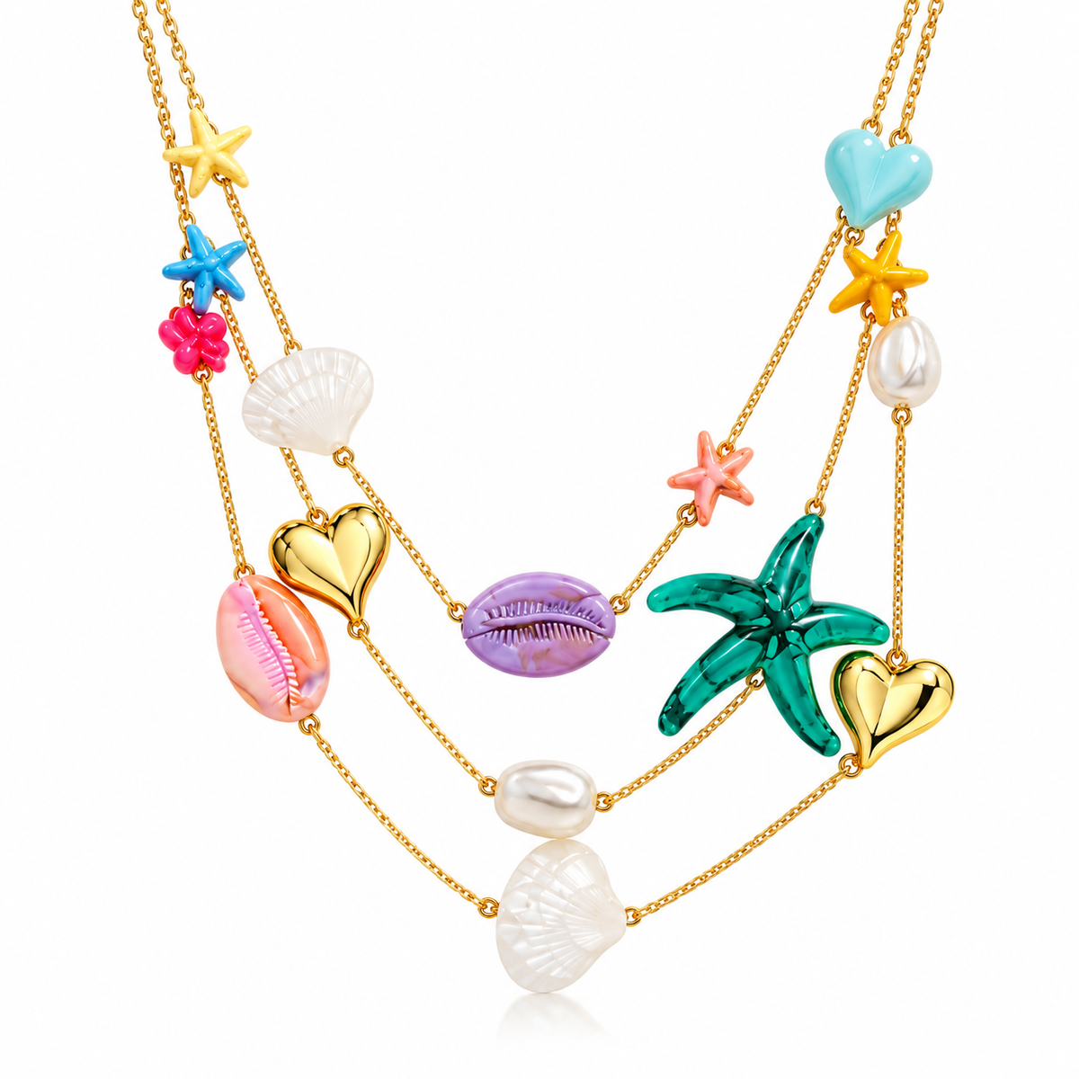Seashell & Starfish Multi Layer Charm Gold Enamel Pearl Necklace Bulk