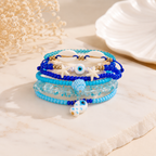 Blue Stone White Shell Starfish Evil Eye Gold Pearl Beads Bracelet Bulk