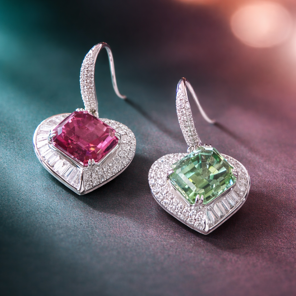 Bulk Red Green Heart Silver Plated CZ Anti Tarnish Copper Hoop Earrings Main image