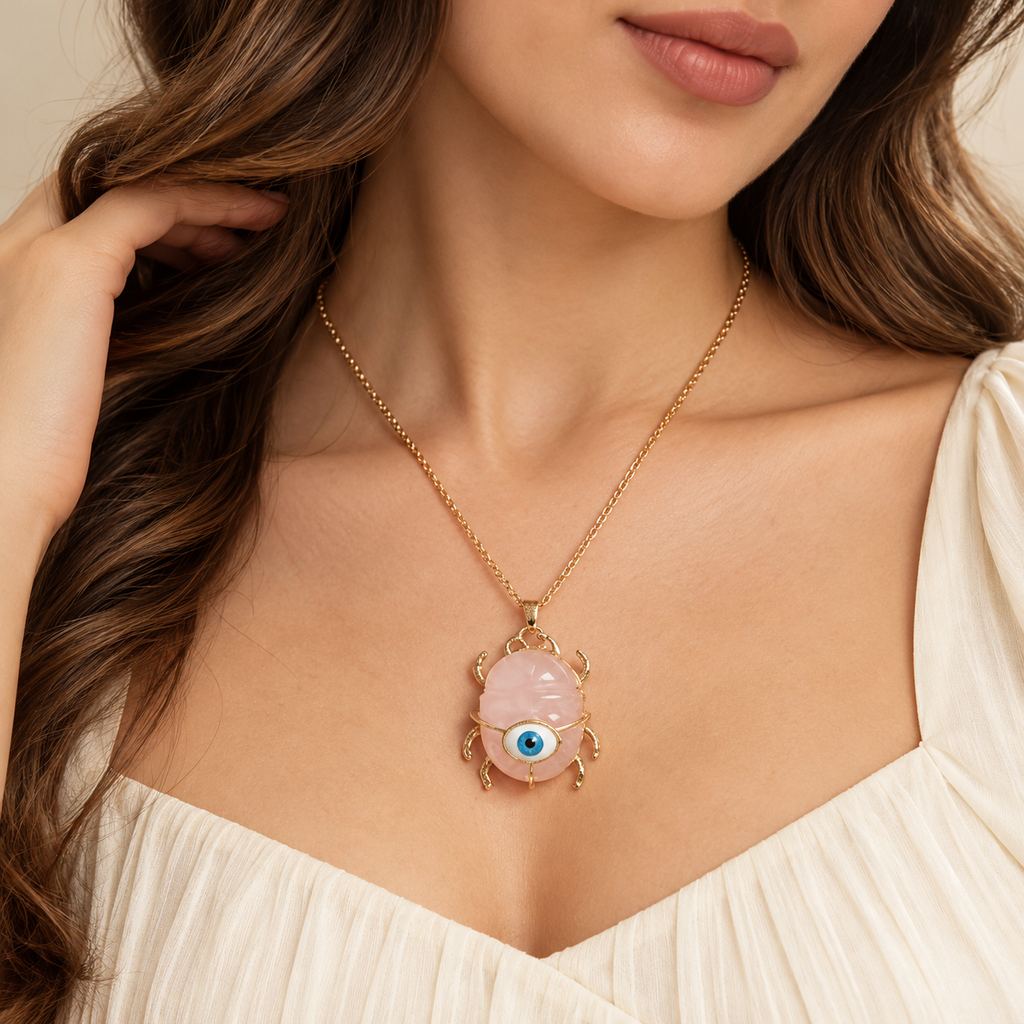 Pink Beetle Blue Evil Eye Gold Plated Beads Copper Pendant Chain Bulk