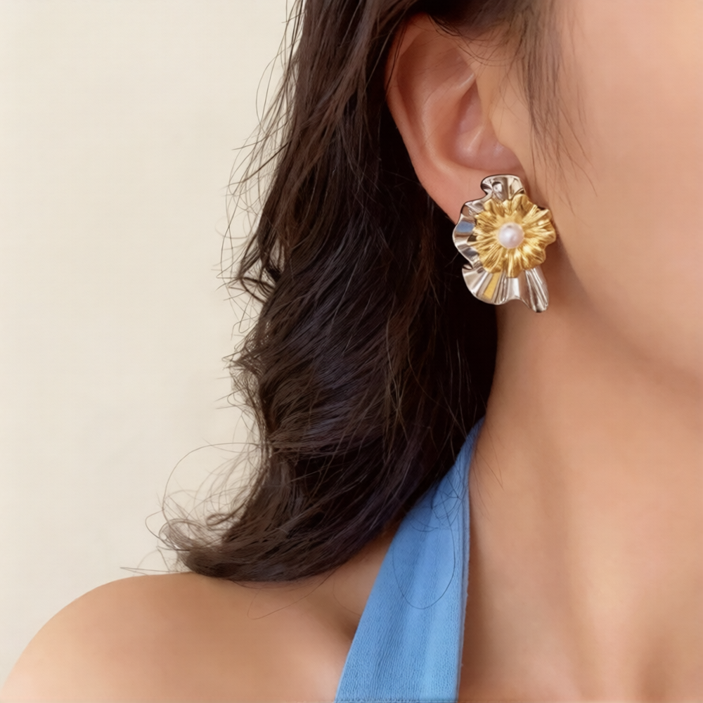 Luxury Dual Tone Floral Gold Silver Pearl Copper Stud Earrings Bulk