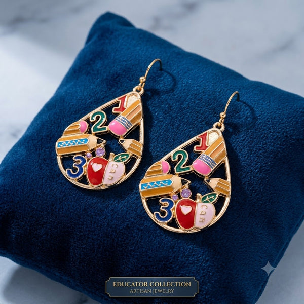 Multi Color Enamel Pencil & Number Gold Teardrop Dangler Earrings Bulk Secondary image