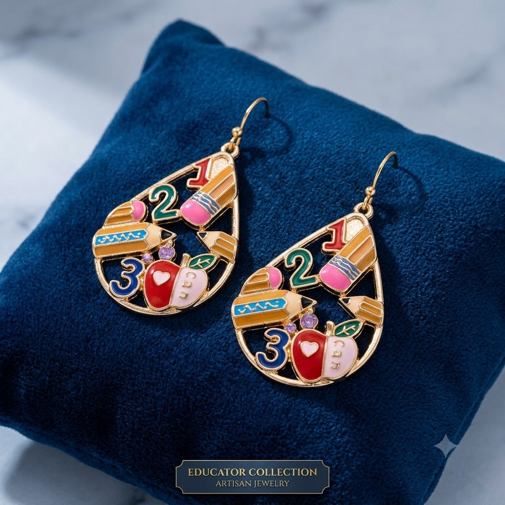 Multi Color Enamel Pencil & Number Gold Teardrop Dangler Earrings Bulk