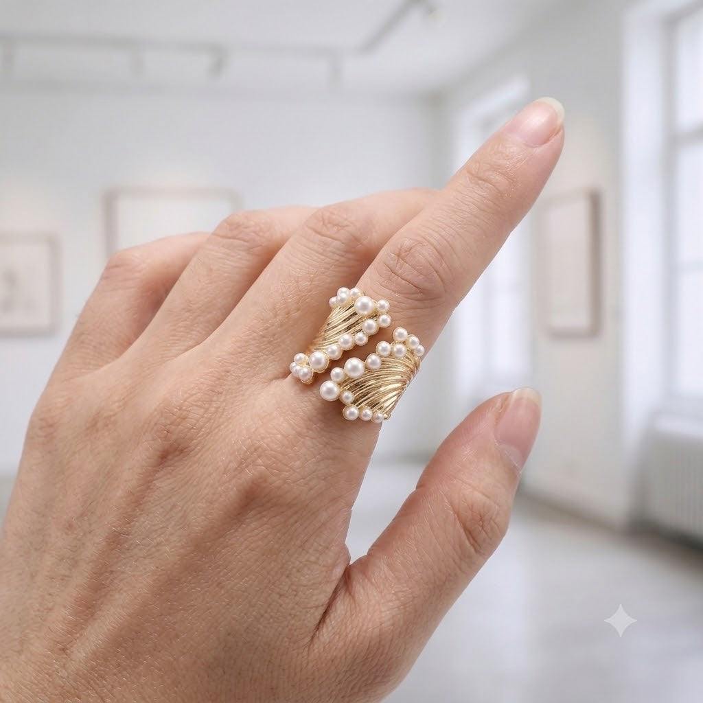 Luxury Gold Twisted Rope Design Faux Pearl Copper Cocktail Ring Bulk