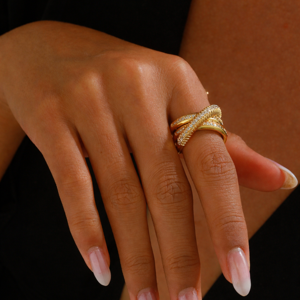 Wholesale Criss Cross Style Gold CZ Copper Adjustable Fancy Ring