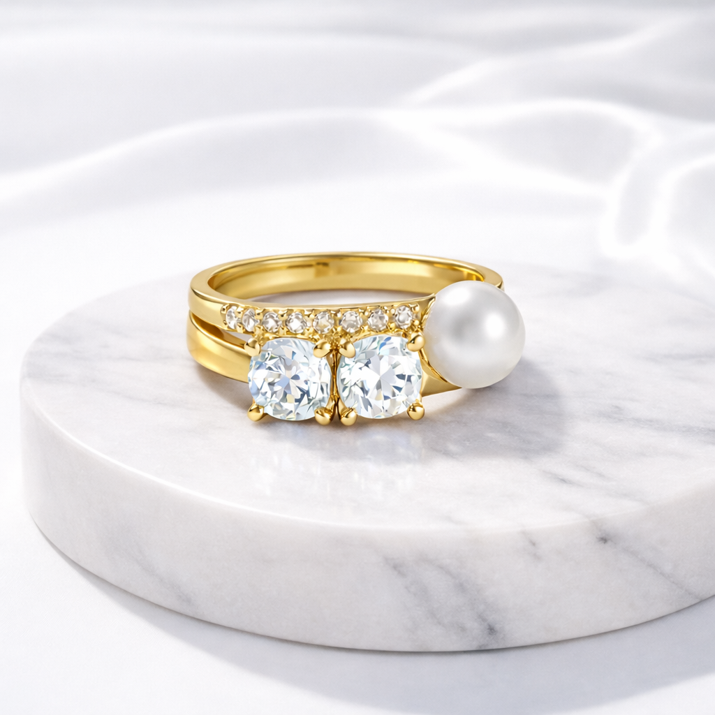 Bulk White Two Stone Gold Plated CZ Pearl Copper Adjustable Fancy Ring