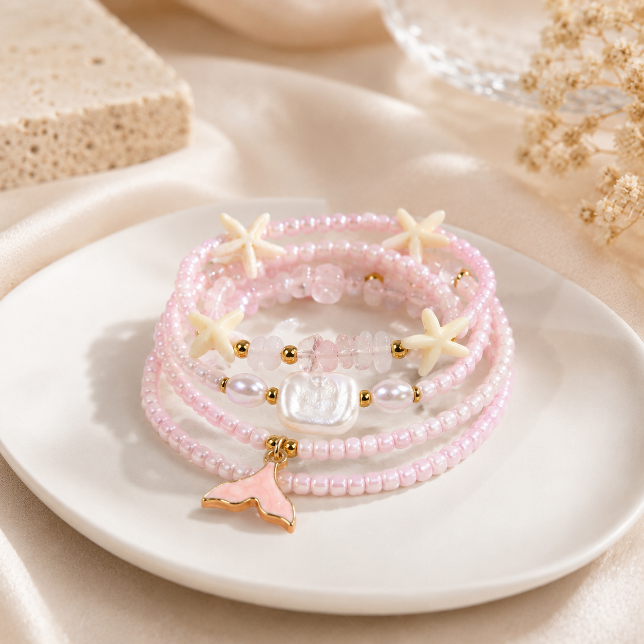 Pastel Coastal Style Starfish Layered Gold Beads Alloy Bracelet Bulk
