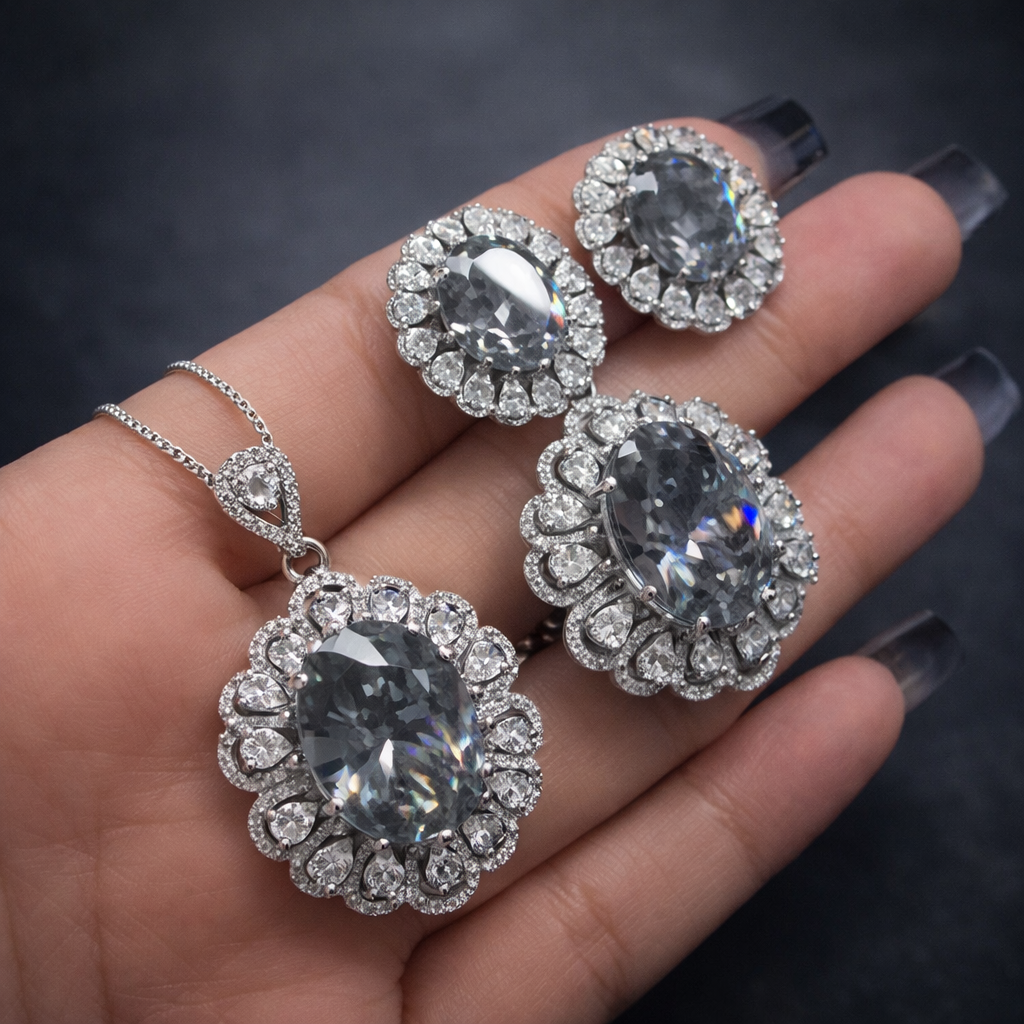 Black Premium Floral Silver CZ Anti Tarnish Copper Necklace Combo Set
