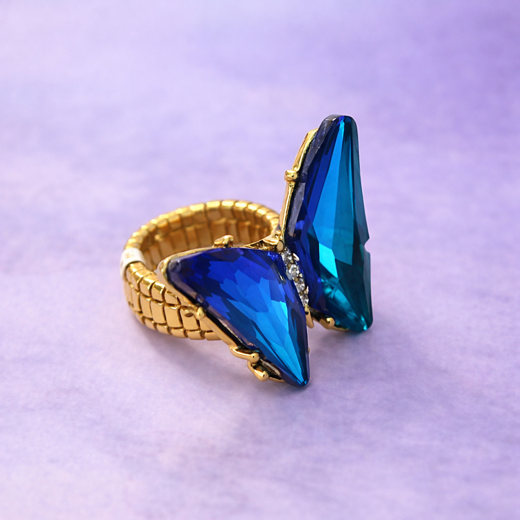 Multi Color Butterfly Gold Plated Crystal Adjustable Cocktail Ring Bulk
