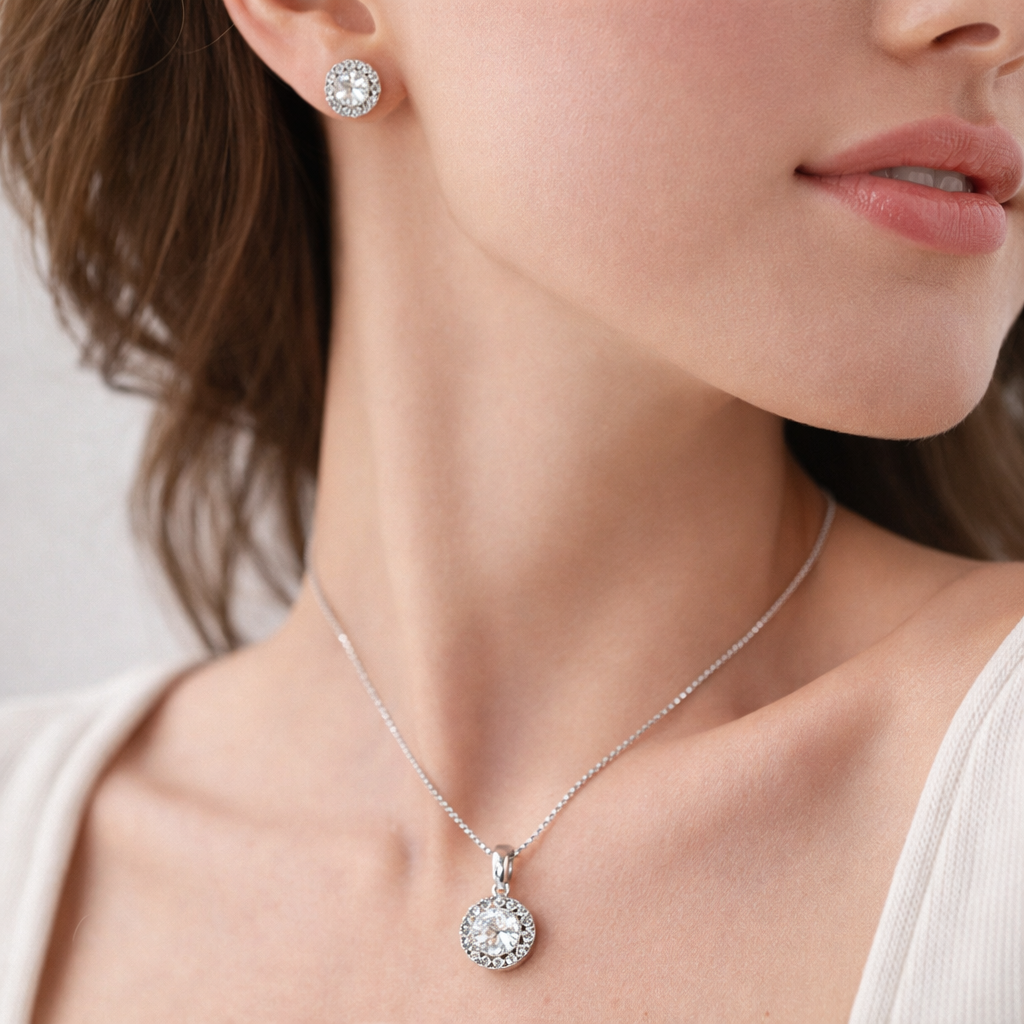 Luxury Round Halo Rose Silver Gold CZ Copper Necklace Earring Set Bulk Secondary image
