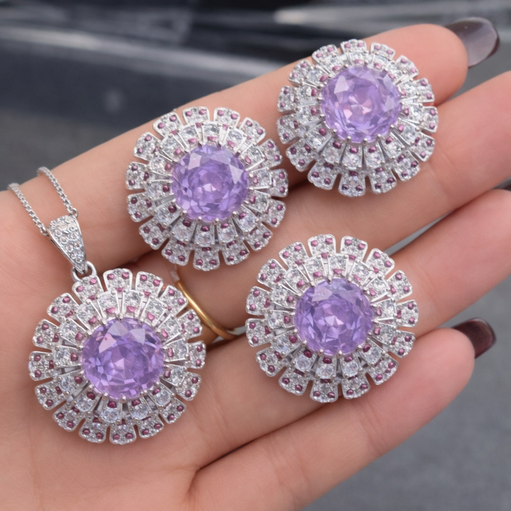 Classic Floral Silver CZ Anti Tarnish Copper Necklace Combo Set Bulk