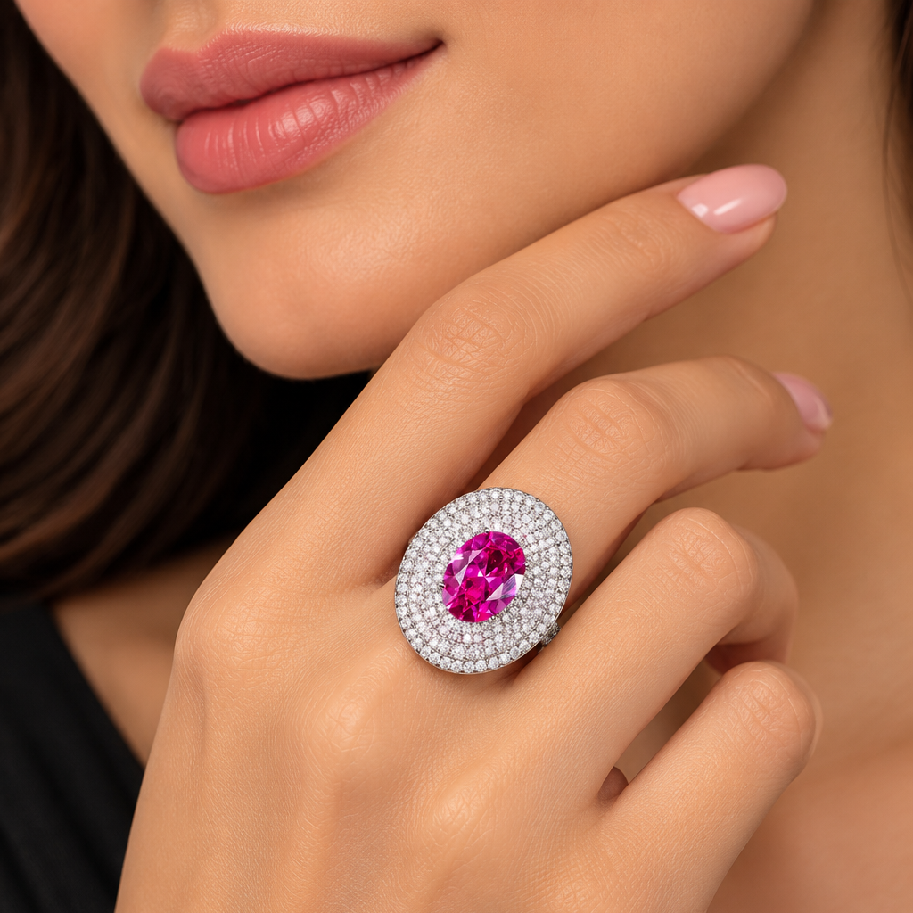 Ruby Pink Oval Silver Plated CZ Copper Anti Tarnish Cocktail Ring Bulk
