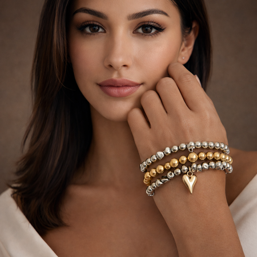 Heart Layered Dual Tone Elastic Stretchable Gold Silver Bracelet Bulk