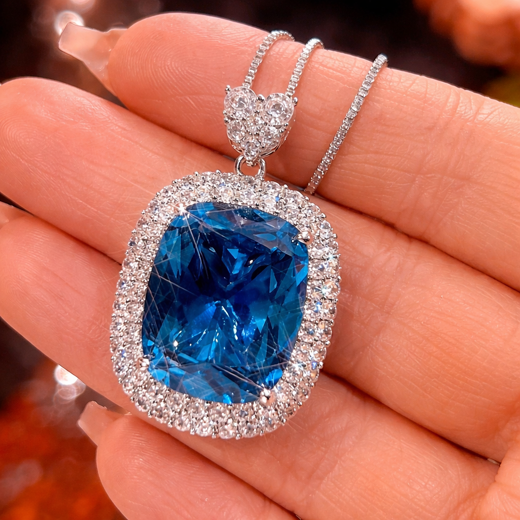 Red Blue Luxury Emerald Cut Silver CZ Anti Tarnish Copper Pendant Chain