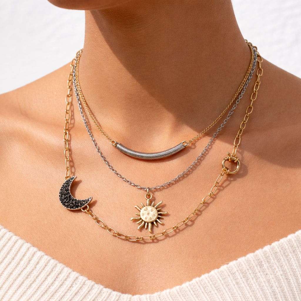 Multi-Layered Celestial Sun & Moon Charm Gold Silver Necklace Wholesale Main image