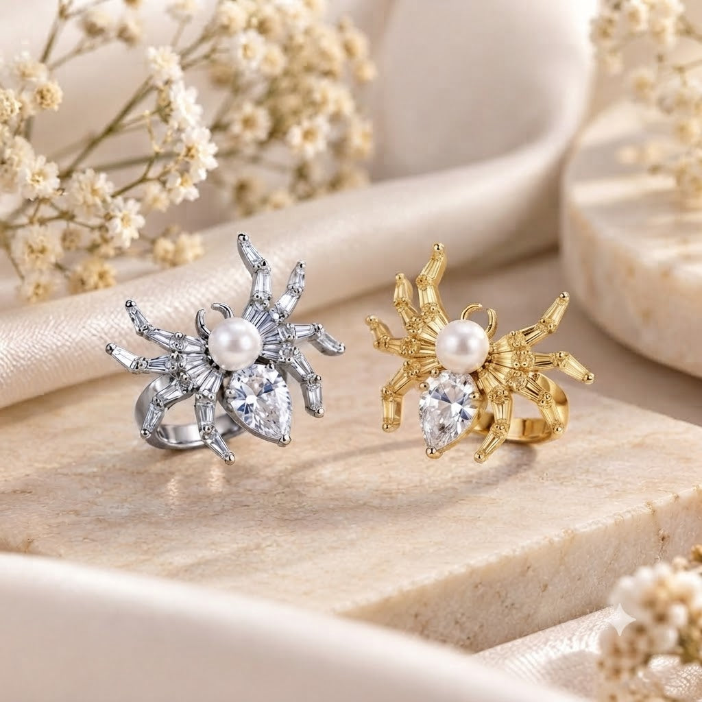 Designer Spider Gold Silver Plated CZ Pearl Copper Cocktail Ring Bulk