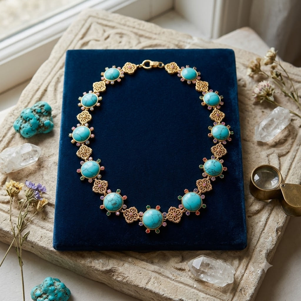 Luxury Turquoise Blue Faux Stone CZ Filigree Gold Copper Necklace Bulk