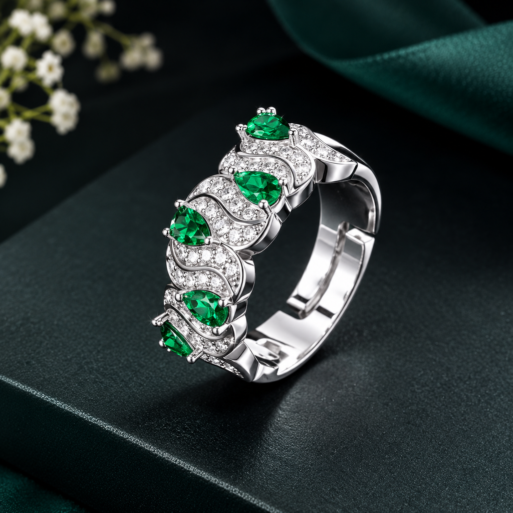 Wave Design Silver Plated Green CZ Copper Cocktail Ring For Women Bulk