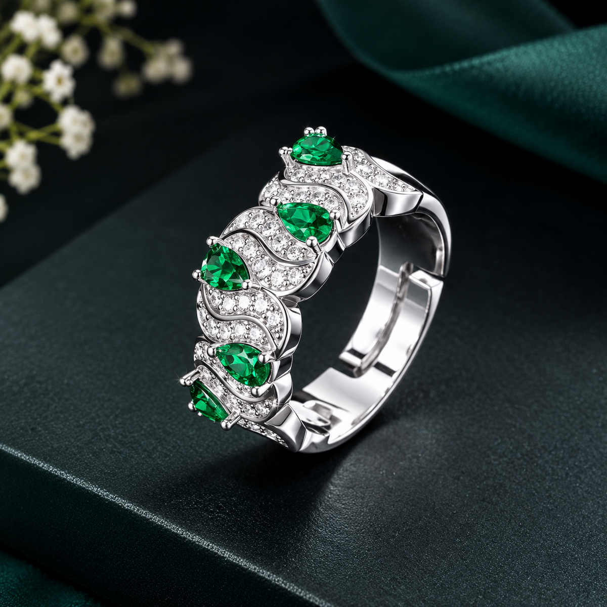 Wave Design Silver Plated Green CZ Copper Cocktail Ring For Women Bulk