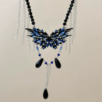 Bulk Black Blue Butterfly Layered Silver Plated Rhinestone Necklace