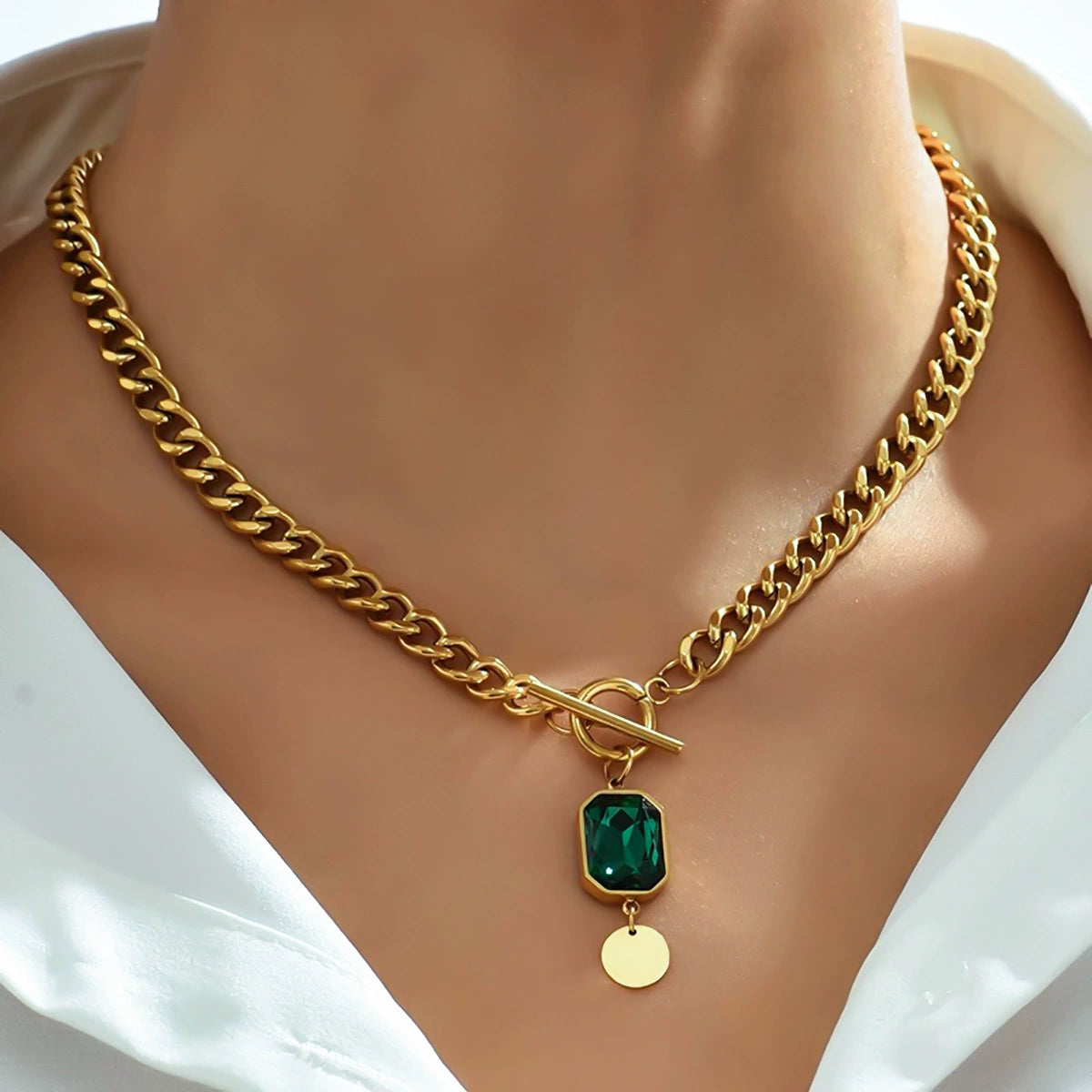 Bulk Green Square and Buckle Thick Chain Gold Plated CZ Necklace