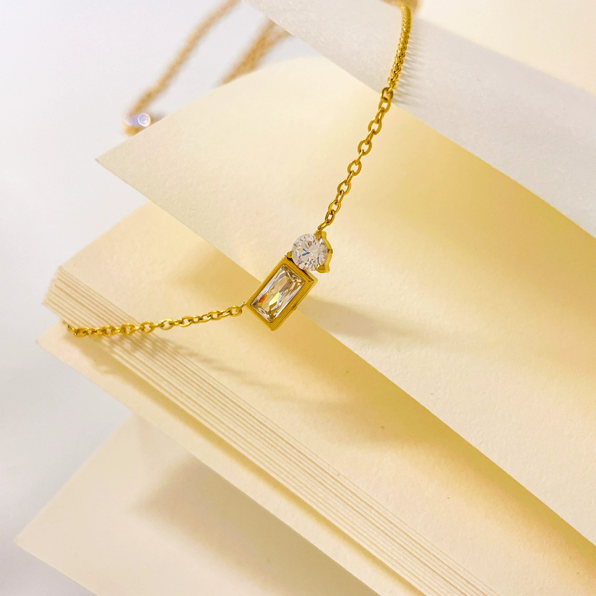 Bulk White Square Eye Round Gold Plated CZ Pendant Chain Necklace