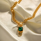 Bulk Green Square and Buckle Thick Chain Gold Plated CZ Necklace