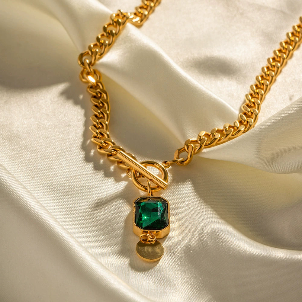 Bulk Green Square and Buckle Thick Chain Gold Plated CZ Necklace