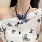 Bulk Black Blue Butterfly Layered Silver Plated Rhinestone Necklace