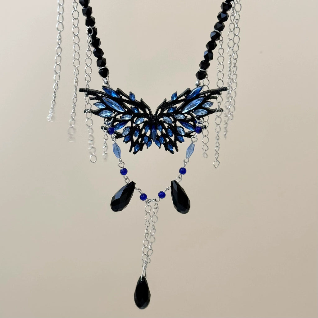 Bulk Black Blue Butterfly Layered Silver Plated Rhinestone Necklace